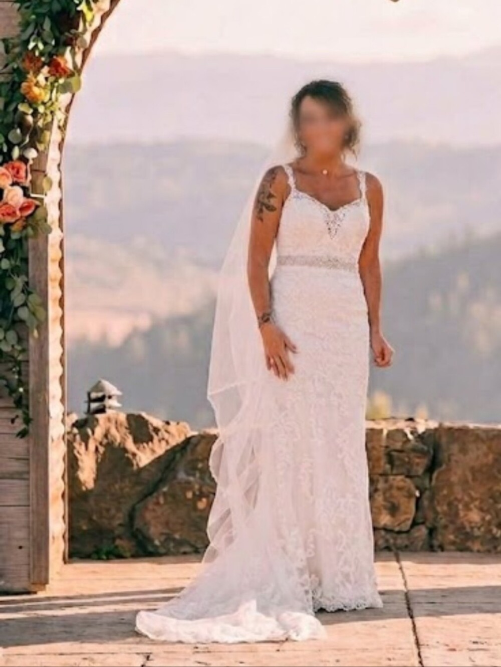 White Lace Overlay Bridal Gown with Beaded Waist